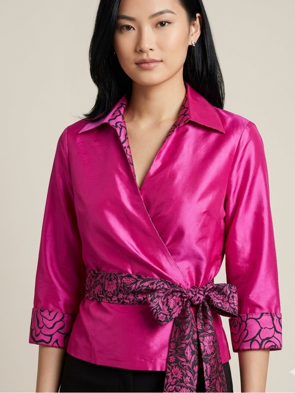 Marisa Baratelli Fuchsia Pink 100% Thai Silk Wrap Blouse Floral Sash Size 10